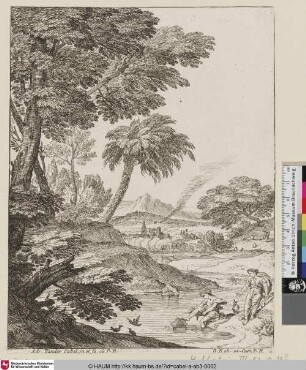 [Landschaft mit zwei Frauen am Fluss, im Hintergrund ein Hirte mit seinen Schafen; Bather; La baigneuse]