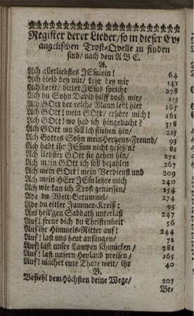 Register derer Lieder/ so in dieser Evangelischen Trost-Quelle zu finden sind/ nach dem ABC