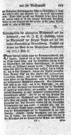 Anfangsgründe der allgemeinen Mathematik und der Arithmetik.