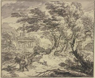 Landschaft mit antiker Tempelarchitektur im Sturm