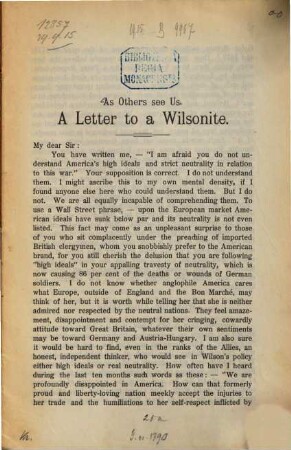 A Letter to a Wilsonite : As Others see Us. (Kopftitel.)