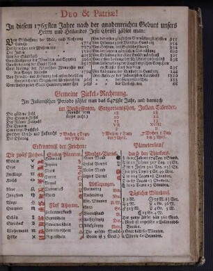 Deo & Patriae! In diesem 1765sten Jahre nach der gnadenreichen Geburt unsers Herrn und Heilandes Jesu Christi zählet man