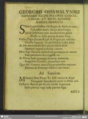 Georgius Ossanaynski Supremus Regni Poloniae Cancellarius, Et Sacri Romani Imperii Princeps