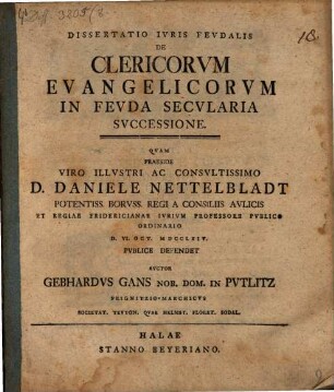 Diss. ... de clericorum evangelicorum in feuda secularia successione