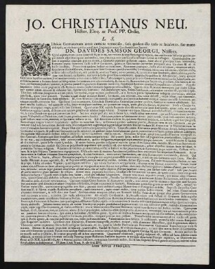 Jo. Christianus Neu, Histor. Eloq. ac Poës. Pp. Ordin. L. S.