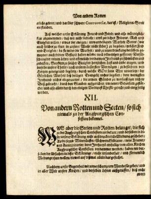 XII. Von andern Rotten und Secten/ so sich niemals zu der Augspurgischen Confession bekennet