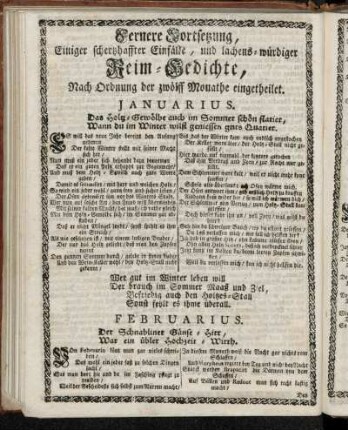 Fernere Fortsetzung, Einiger schertzhaffter Einfälle, und lachens- würdiger Reim-Gedichte, Nach Ordnung der zwölff Monathe eingetheilet.