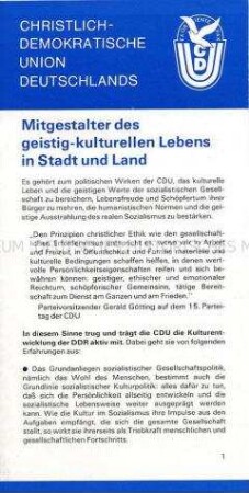 Propagandaschrift der CDU der DDR zur Rolle der Partei in der Gesellschaft