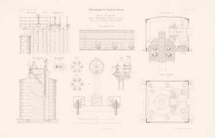 Wehranlage, Berlin-Charlottenburg: Grundriss, Ansicht, Schnitte (aus: Atlas zur Zeitschrift für Bauwesen, hrsg. v. L.v.Tiedemann, Jg. 36, 1886)