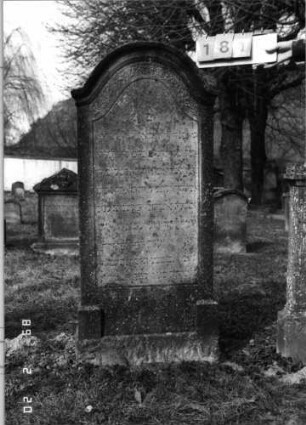 Grabstein 181 (Index: 99798610) Material: Sandstein Zustand: verwittert Maße HxBxT: 146x61x11 cm Beschreibung: Stele mit eingezogenem Rundbogenabschluß, Sockel, rustica Symbolik: floral: Grabstein 181