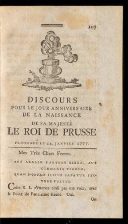 Discours Pour Le Jour Anniversaire De La Naissance De Sa Majesté Le Roi De Prusse Prononcé Le 24. Janvier 1777.