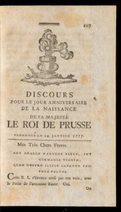 Discours Pour Le Jour Anniversaire De La Naissance De Sa Majesté Le Roi De Prusse Prononcé Le 24. Janvier 1777.