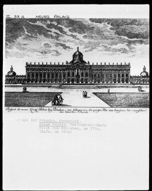 Prospect des neuen Königl. Palais bey Potsdam, wie selbiges von der großen Allee von Sanssouci her anzusehen