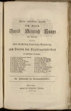 Ihrem erwünschten Freunde dem Herren David Heinrich Knape aus Curland bezeugten über Desselben feyerliche Erhebung zum Doctor der Arzeneygelahrtheit ihr aufrichtiges Vergnügen C.F. Amders, ... J. Amders, ... P.E. Asch, ...