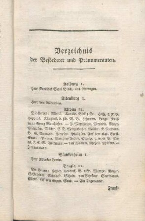 Verzeichnis der Beförderer und Pränumeranten.