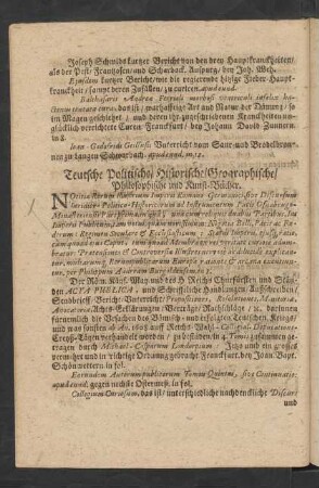 Teutsche Politische/ Historische/ Geographische/ Philosophische und Kunst-Bücher.