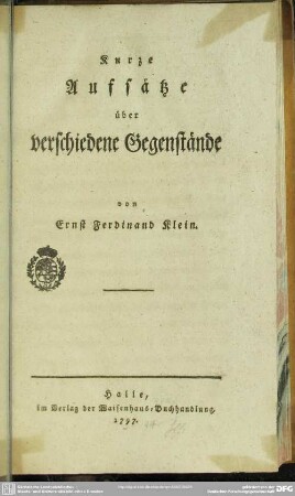 Kurze Aufsätze über verschiedne Gegenstände