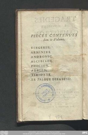 Pieces Contenues dans ce Volume.