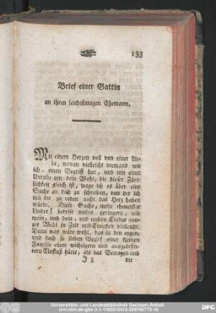 Brief einer Gattin an ihren leichtsinnigen Ehemann.