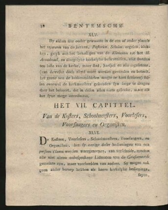 Het VII. Capittel. Van de Kosters, Schoolmeesters, Voorlesers, Voorsangers en Organisten