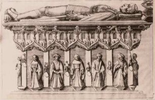 Georg, Markgraf von Meißen, Seitenansicht der Grabtumba mit Liegefigur auf der Deckplatte, Tafel 46. Kupferstich nach Grabplatte