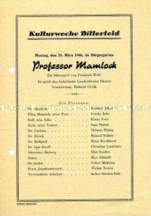 Programmblatt zur Aufführung "Professor Mamlock" im Rahmen der Kulturwoche Bitterfeld 1946