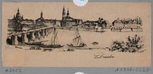 Stadtansicht von Dresden, Blick von Norden über die Elbe entlang der Augustusbrücke auf die Altstadt