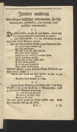 Zweiter nachtrag von einigen hessischen redensarten, sprüchwörtern und ausdrücken, auch versuche eines hessischen wörterbuches.
