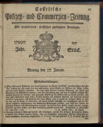 2tes Stueck, Montag den 7ten Januar 1799
