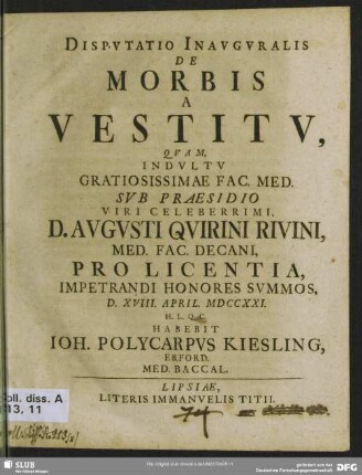 Disputatio Inauguralis De Morbis A Vestitu