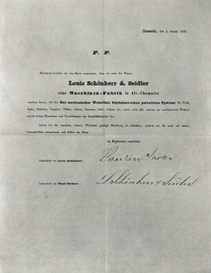 Geschäftsbrief für Werbezwecke anläßlich der Gründung der Maschinenfabrik Louis Schönherr & Seidler in Chemnitz. 1852. Druck. Aus: Die Sächsische Webstuhlfabrik (Louis Schönherr). Chemnitz einst und jetzt. Chemnitz 1927, Seite 12