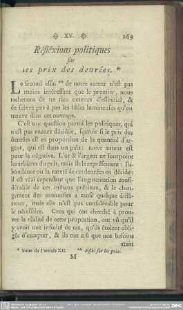 XV. Réfléxions politiques sur les prix des deurées