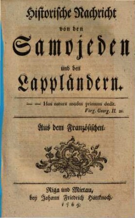 Historische Nachricht von den Samojeden und den Lappländern : Aus dem Französischen