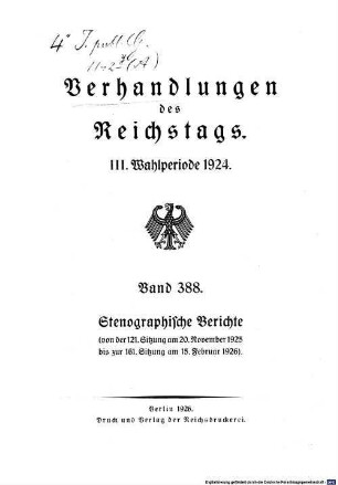 Verhandlungen des Reichstages. Stenographische Berichte. 388. 1924