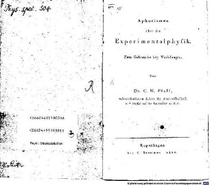 Aphorismen über die Experimentalphysik : Zum Gebrauche bey Vorlesungen
