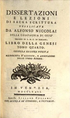Dissertazioni E Lezioni Di Sacra Scrittura, Tomo Quarto. Libro Della Genesi