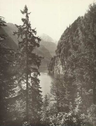 Im Berchtesgadener Land (Oberbayern). Blick vom Malerwinkel, einem Aussichtspunkt, auf den Königssee