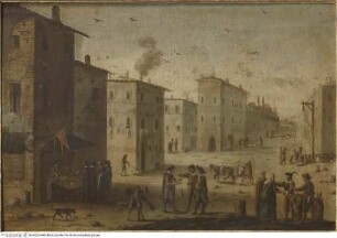 Hauptplatz eines Dorfes oder einer Stadt mit Galgen und Straßenhändlern