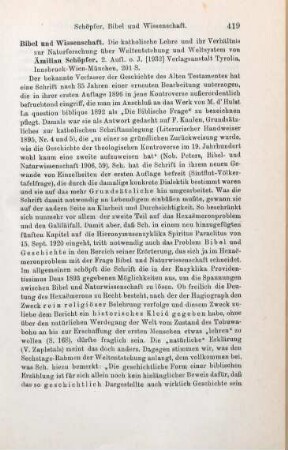 419-421 [Rezension] Schöpfer, Aemilian, Bibel und Wissenschaft