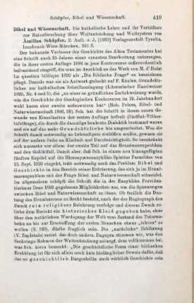 419-421 [Rezension] Schöpfer, Aemilian, Bibel und Wissenschaft