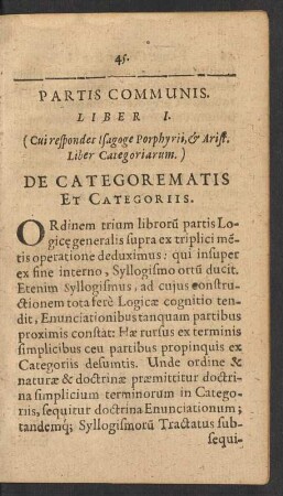 Liber I. (Cui respondet Isagoge Porphyrii, & Arist. Liber Categoriarum.) De Categorematis Et Categoriis.
