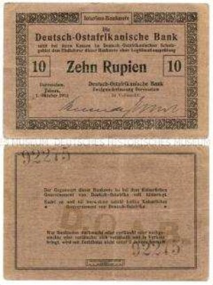 Deutsch-Ostafrika, Geldschein, Interimsbanknote, 10 Rupien