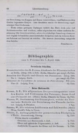 Bibliographie vom 1. Februar bis 1. April 1860.