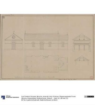 Moschin, ehemals Kreis Schrimm, Regierungsbezirk Posen (Mosina, Województwo Wielkopolskie). Entwurf zur katholischen Kirche. Grundriss, Vorder- und Seitenansicht, Querprofil und Dachprofil des Chors