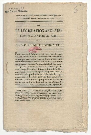 "Sur la législation anglaise relative a la traite des noirs et sur l'état des négres affranchis."