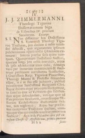 IV. - J.J. ZIMMERMANNI Dissertationum biga de Visionibus IV. priorum Seculorum