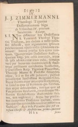 IV. - J.J. ZIMMERMANNI Dissertationum biga de Visionibus IV. priorum Seculorum
