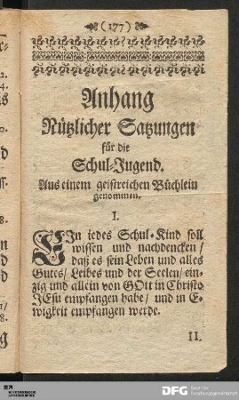 Anhang Nützlicher Satzungen für die Schul-Jugend.