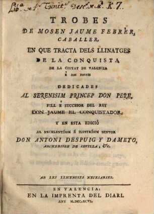 Trobes de Mosen Jaume Febrer, Caballer, en que tracta dels llinatges de la conquista de la ciutat de Valencia e son regne