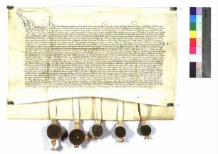Neuenstein, Lichtmeß; Albrecht von Hohenlohe verschreibt seiner Gemahlin Elisabeth, geb. von Hanau 8.000 fl auf Ingelfingen, Nagelsberg, Künzelsau und Neuenstein; Siegel Gottfried von Hohenlohe, Anna von Weinsberg, geb. Hohenlohe, Conrad von Weinsberg, Engelhard von Weinsberg.
